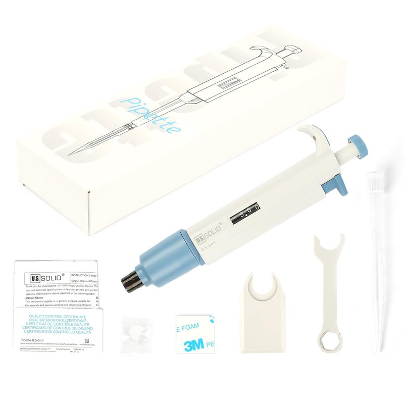 U.S. Solid 0.5-5 ml Single Channel Pipette - Adjustable Scientific Micropipette High Accuracy Pipettor - Image 2